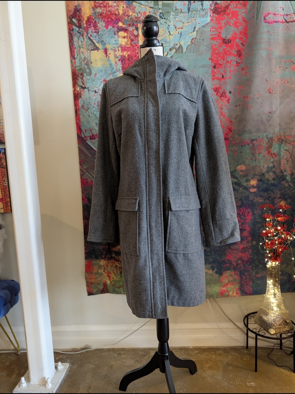 H&M Gray Hooded Wool-Blend Trench Coat - Picture 2 of 14